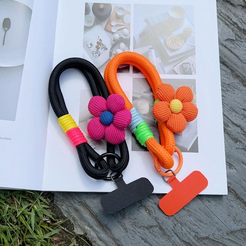 Modisches dehnbares Nylon-Handy-Lanyard mit floralem Akzent T-förmigem Clip Universell für Smartphones Schlüsselanhänger