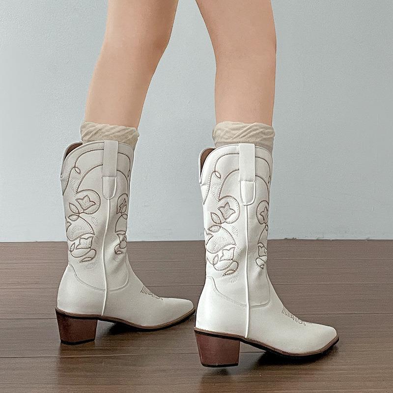 Vintage Thick Heel Women Western Cowboy Boots Fashion Slip On Shoes Embroidery Knight Mid Calf Botas Autumn Winter Women'S Shoes