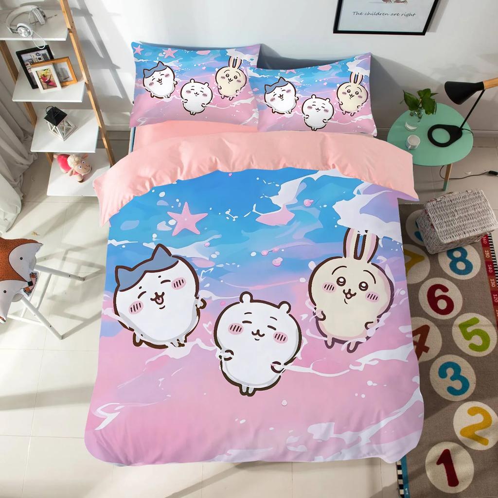 Cartoon Chiikawas Cute Themed Bedding Set Colorful Print Polyester Student Dormitory Bed Sheet Quilt Cover Kid Gift Home Textile