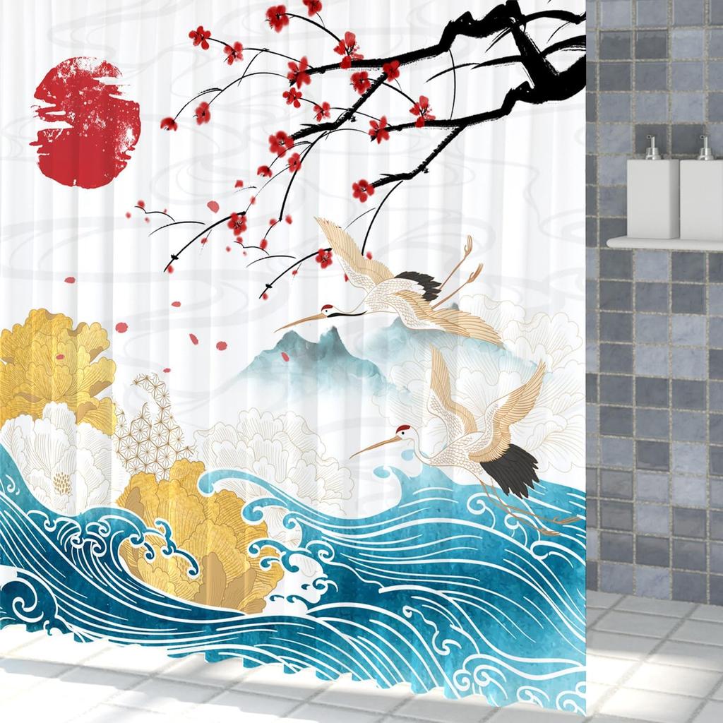 Japan Mount Fuji Körsbärsblom Solnedgång Duschdraperi Bläck Landskap Vågmålning Duschdraperi Badrum Tyg Dekoration