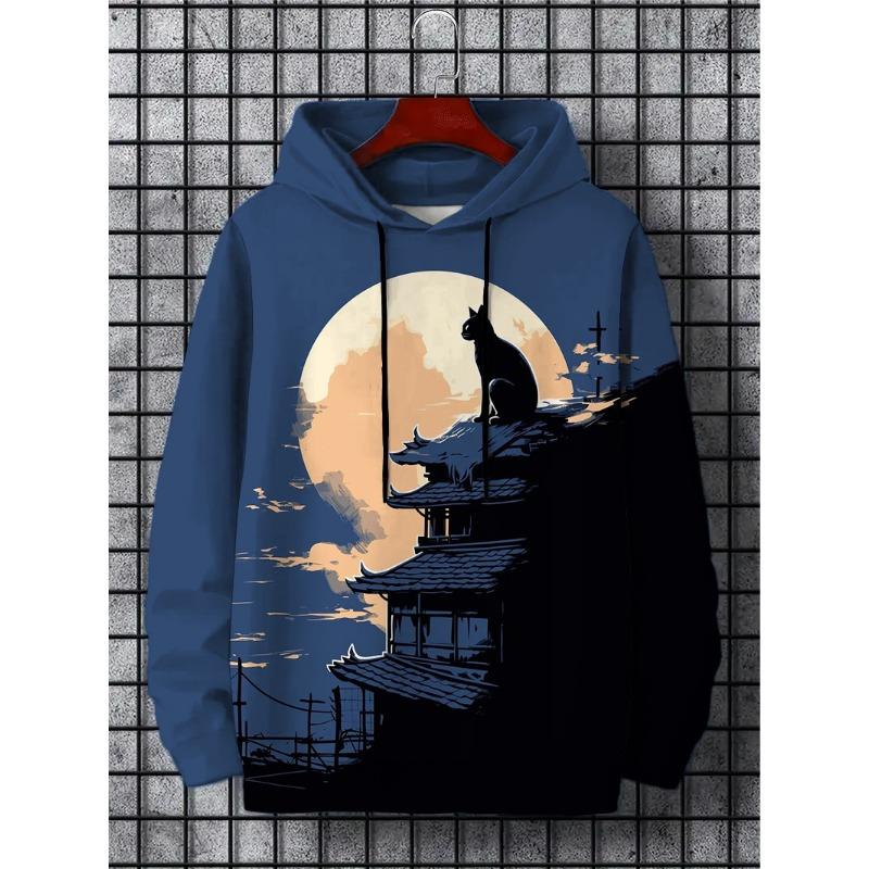 Men's Hoodie Cartoon Cute Cat Print Y2k Sweatshirt Harajuku Hooded  Pullover Casual Oversized Long Sleeve Top Men's Clothing
