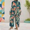Women Plus Size Two Piece Set Round Neck Long Sleeve Printed Layered Top Wide Leg Cropped Pants