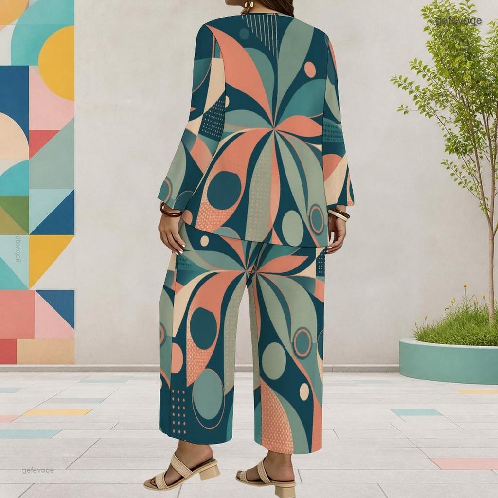 Women Plus Size Two Piece Set Round Neck Long Sleeve Printed Layered Top Wide Leg Cropped Pants