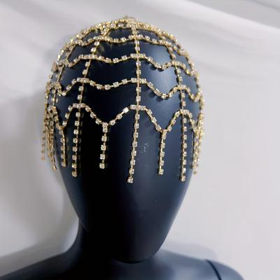 Kadınlar Kızlar İçin Rhinestone Saç Filesi İçi Boş Zincir Şapka Metal Parıltılı Püskül Saç Takısı