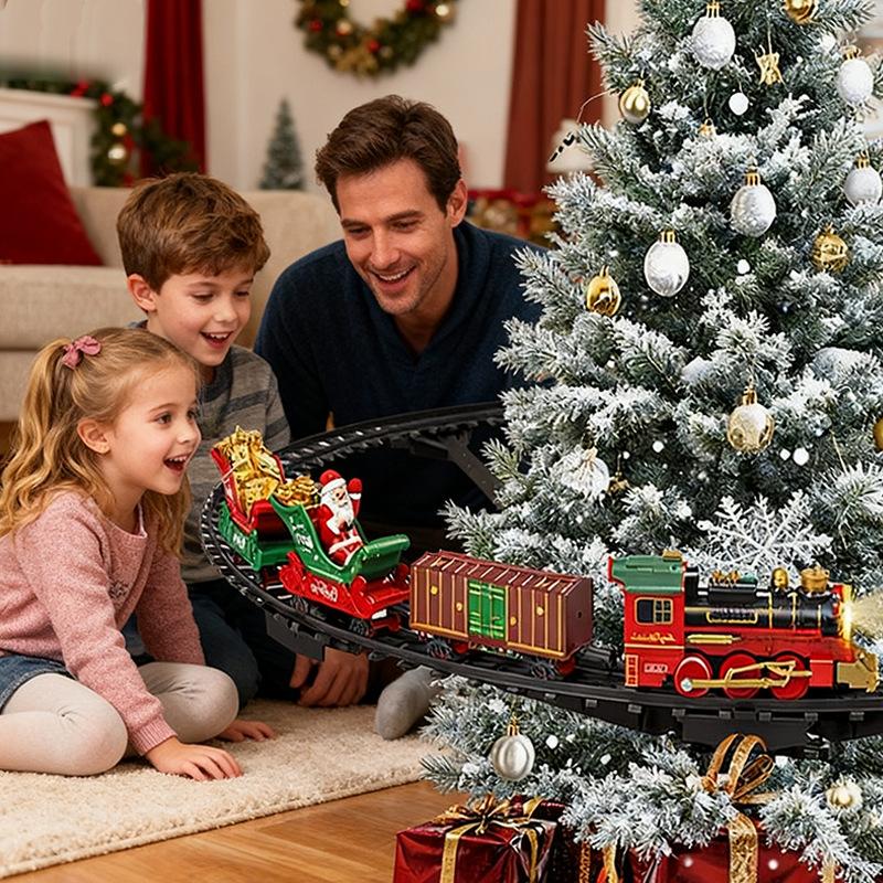 Elektrische Zugstrecke Spielzeugauto Weihnachtsgeschenke Klassische Eisenbahn Lokomotive Waggons Modellspielzeug mit Lichtern Musik für Jungen Mädchen Kinder