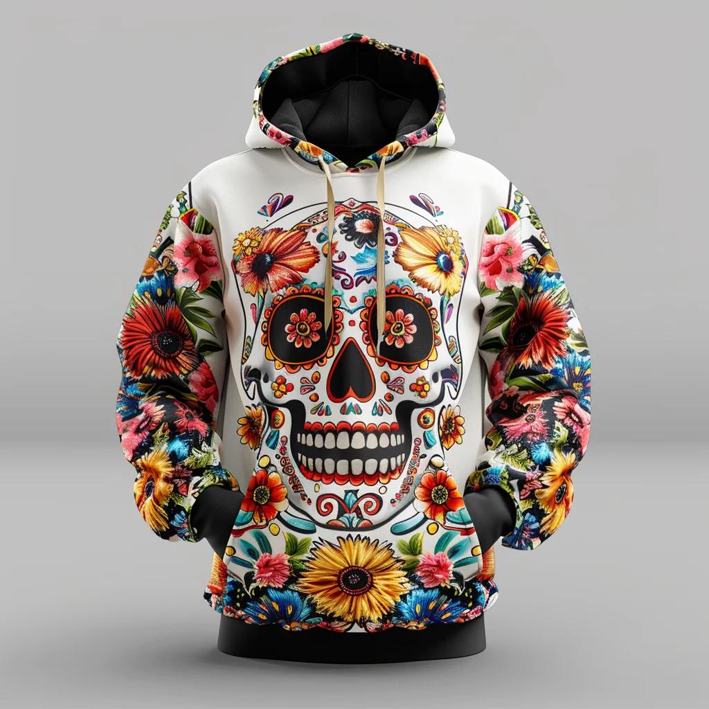 Retro-Stil Hoodies Totenkopf Floral 3D-Druck Herren Damen Kapuzenpullover Oversized Y2k Trainingsanzug Unisex Kleidung