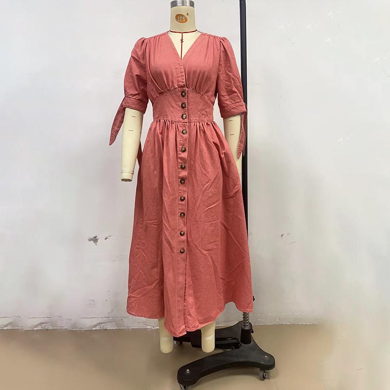 Fashion Sexy V-neck Denim Dress Women's Single Breasted Half Sleeved A-line Dress Solid Color Commute Minimalist Dresses Spring and Summer New