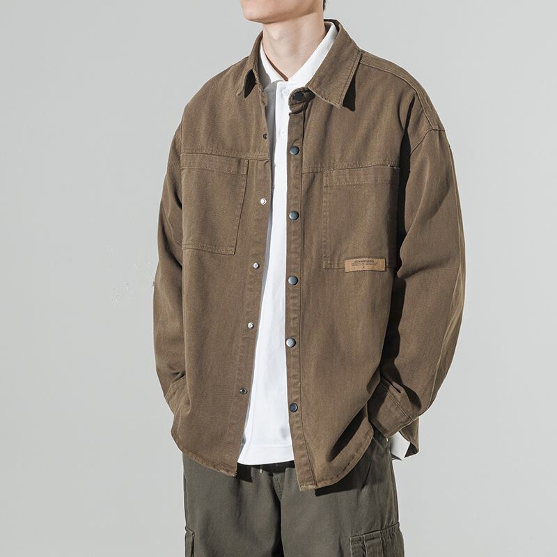 Men's tooling shirt jacket, spring and autumn style, plus size trendy brand casual top, solid color cardigan lapel jacket, men's oversized size