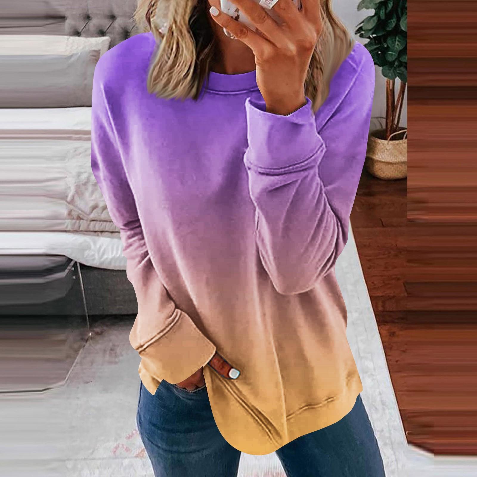 

Женская повседневная модная блузка с длинным рукавом и круглым вырезом с цветочным градиентным принтом и круглым вырезом M фиолетовый