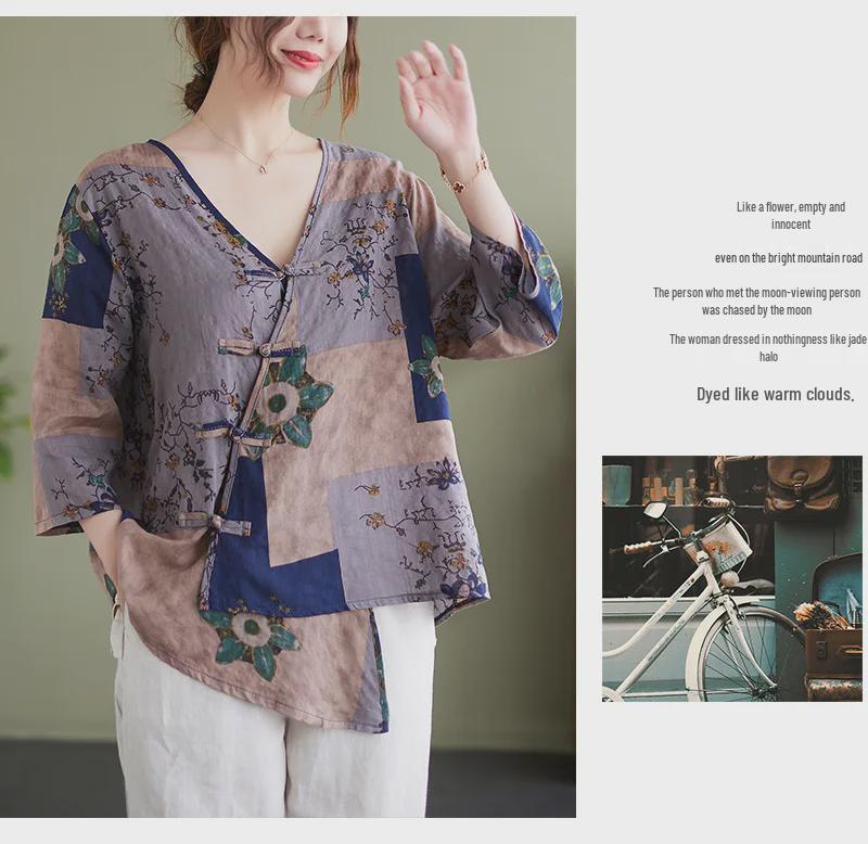 2022 Summer V-Neck Asymmetrical Cotton Linen Shirt - Printed, Plus Size, Mid-Length Sleeves, Retro Women's Fashion