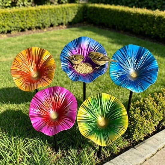 Metal Flower Bird Bath, Decorative Garden Bird Bath Feeder, Outdoor Wild Bird Feeder with 2-Prong Base for Garden Backyard Decor