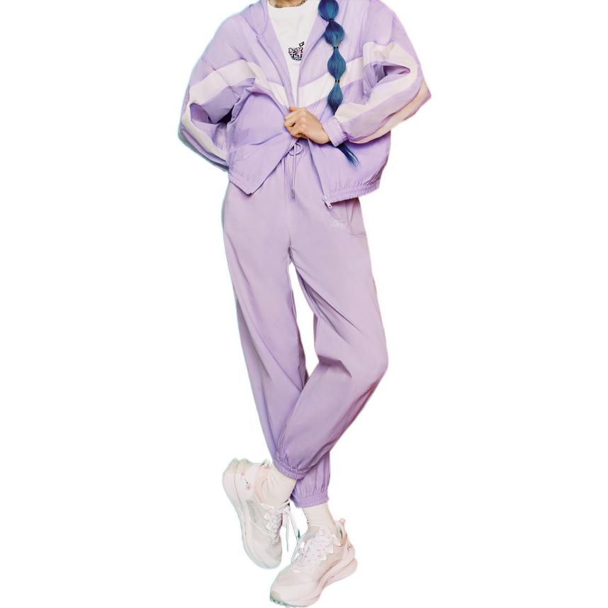Li Ning Sports Trend Series Solid Color Letter Drawstring Sports Long Pants Women Bottoms Lavender-Purple AYKS312-3