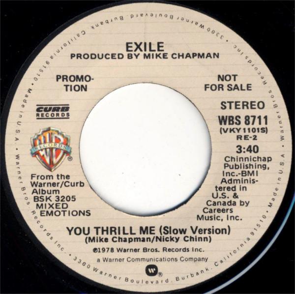 7inch Record EXILE (7) - You Thrill Me WBS8711 Warner Bros. Re 1978 US Rock Used
