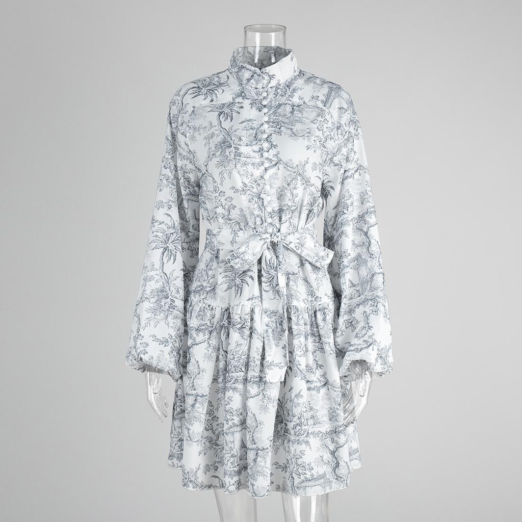 Ink printing long-sleeved dress short dress European and American spring new stand-up collar lantern sleeve lace-up dress