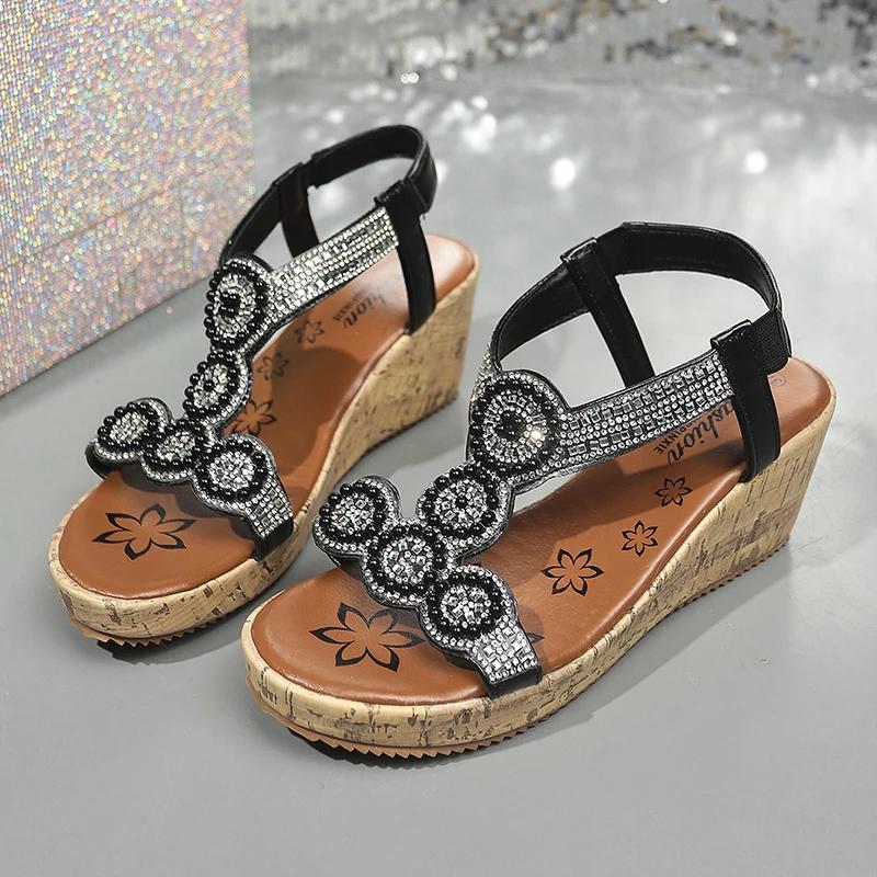 Fashion Rhinestone Wedge Heel Sandals for Women 2025 Summer Platform Bohemian Sandals Woman Thick Bottom Elastic Band Gladiator Shoes