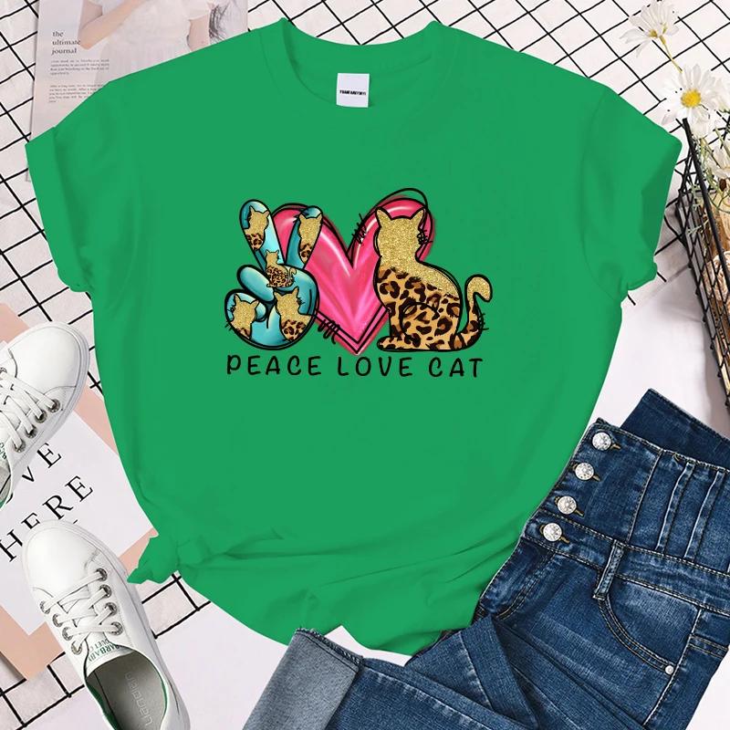 (Premium T-shirt)Peace Love Cat Letter Printed Women T-Shirts Peace Love Cat Short Sleeve Shirts Summer Round Neck Tee Shirt Top