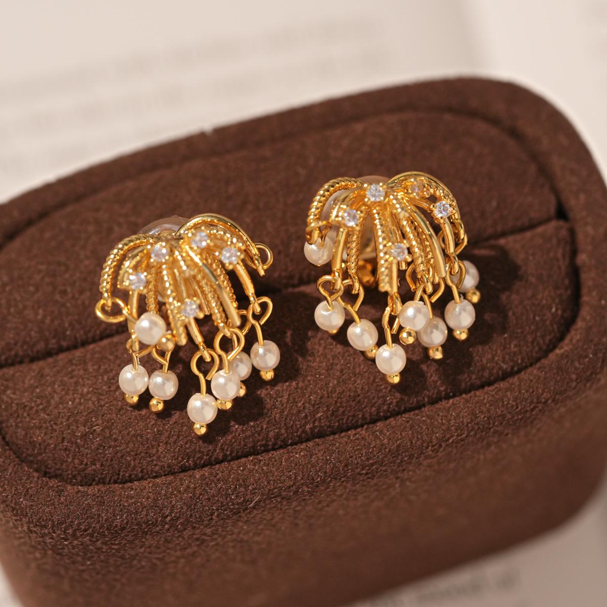18K Gold-Plated Zirconia Firework Pearl Clip Earrings - Elegant, Versatile, and Exquisite Accessories