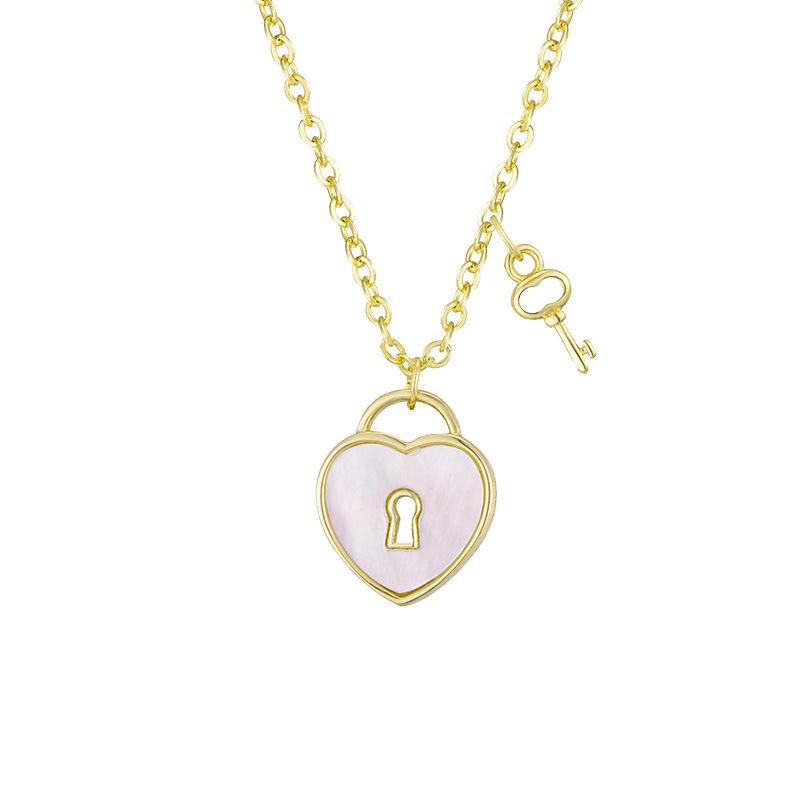 18K Gold White Shell Love Lock Pendant Au750 Color Gold Ins Simple Style Fashion Clavicle Chain