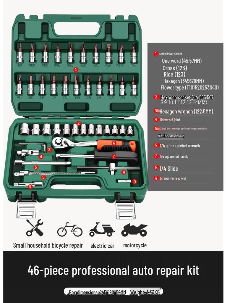 Green Forest Auto Repair Tool Set: Socket Wrench, Ratchet, Combination Tool Box.