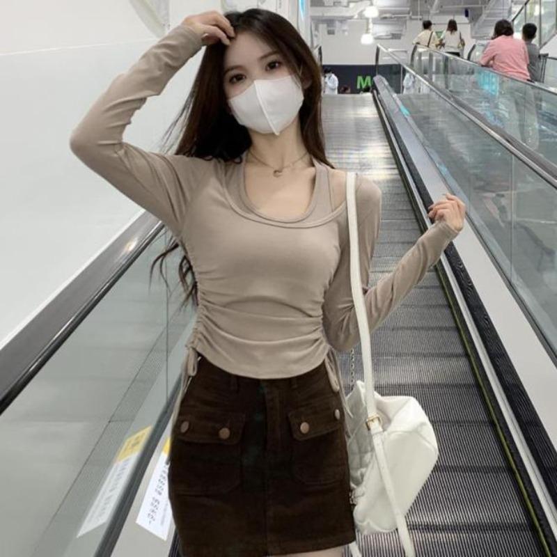 2KWEIRD Black Shirts for Women Ropa Mujer Fashion Tunci Drawstring Tshirts Y2k Clothes Tunic Crop Tops Korean Sexy Woman Tshirt