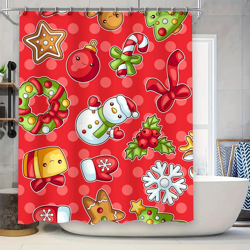 Tu Festive Christmas Shower Curtain Holiday Bathroom Decor Reindeer Snowman Pattern Waterproof Fabric Backdrop Xmas Home Textile