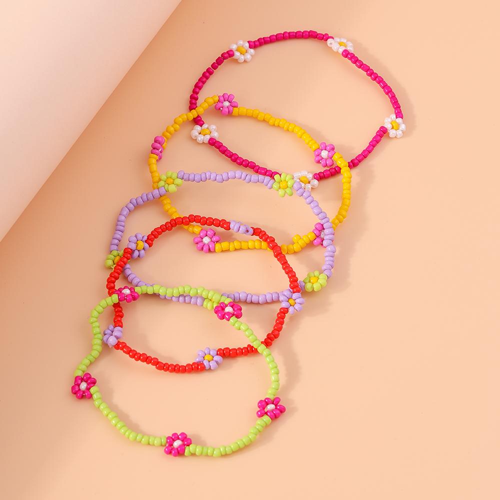 5 Stück Bunte Boho Handgemachte Blumenperlen Fußkettchen für Damen Mädchen Mehrschichtiges Knöchelarmband Kette Fußschmuck Geschenke