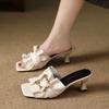 Korean version of thick heel medium heel one-word slippers women's summer wear 2025 summer new versatile Internet celebrity cool slippers women