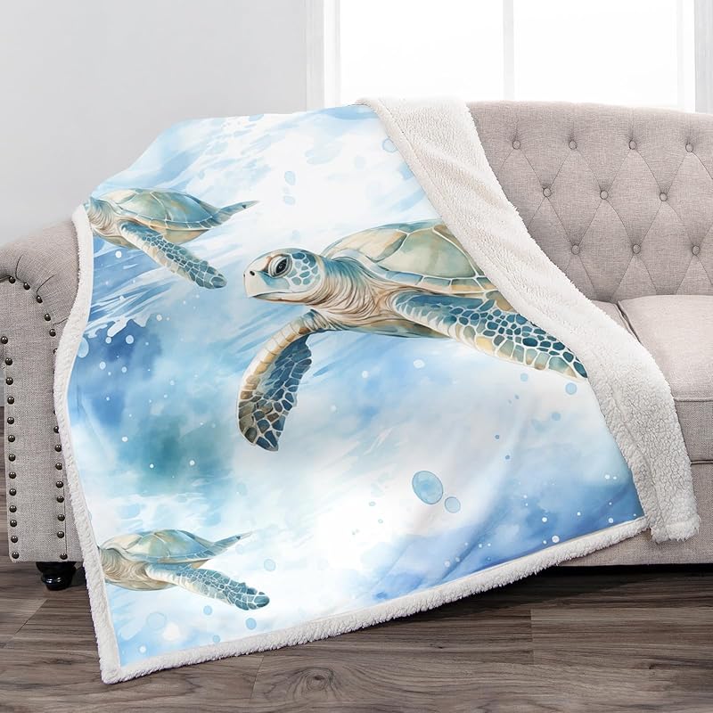Jekeno Sea Turtle Sherpa Blanket Comfort Super Soft Print Throw Blanket for Adults Kids Gift Office 50 x60 Blue-sea Turtle