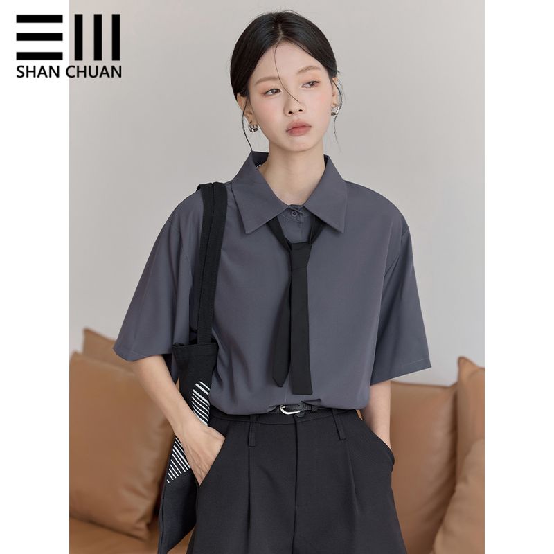 

Tie Shirts Women s Short Sleeve New Summer Korean Style Loose Grayish Purple Solid Drape Casual Lapel Half Sleeve Shirt Fashion Gray short sleeve S