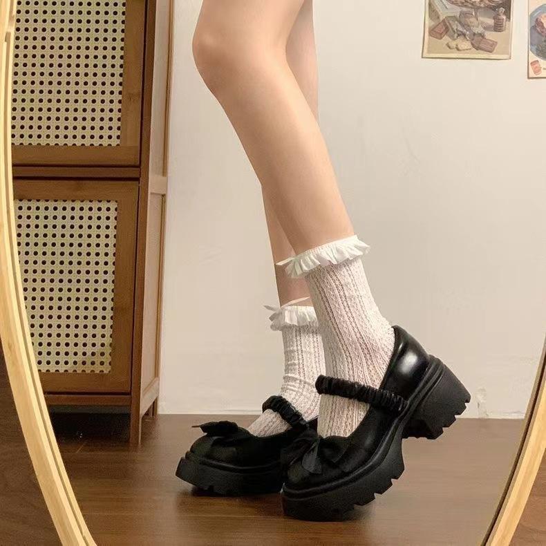 Damen Mary Jane Schuhe mit Schleife Dicke Sohle Hoher Absatz Lederschuhe Vielseitig Elastisch Bequem Vielseitig