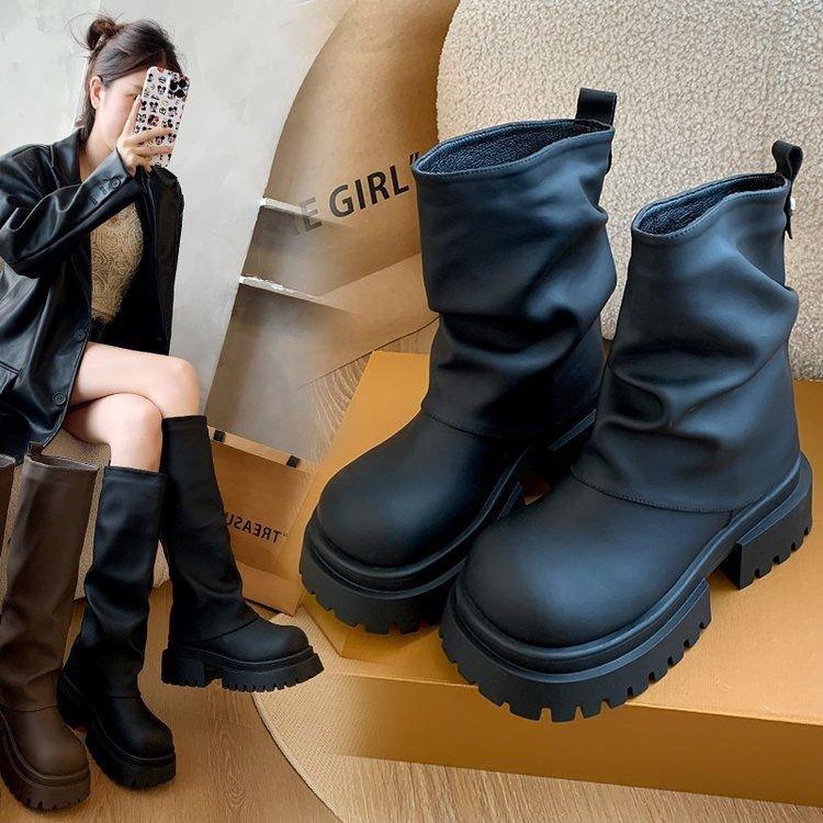New Long Boots Women's Thick-soled High Tube Thin Summer Medium Tube Boots Stacking Boots Small Thin Boots Black