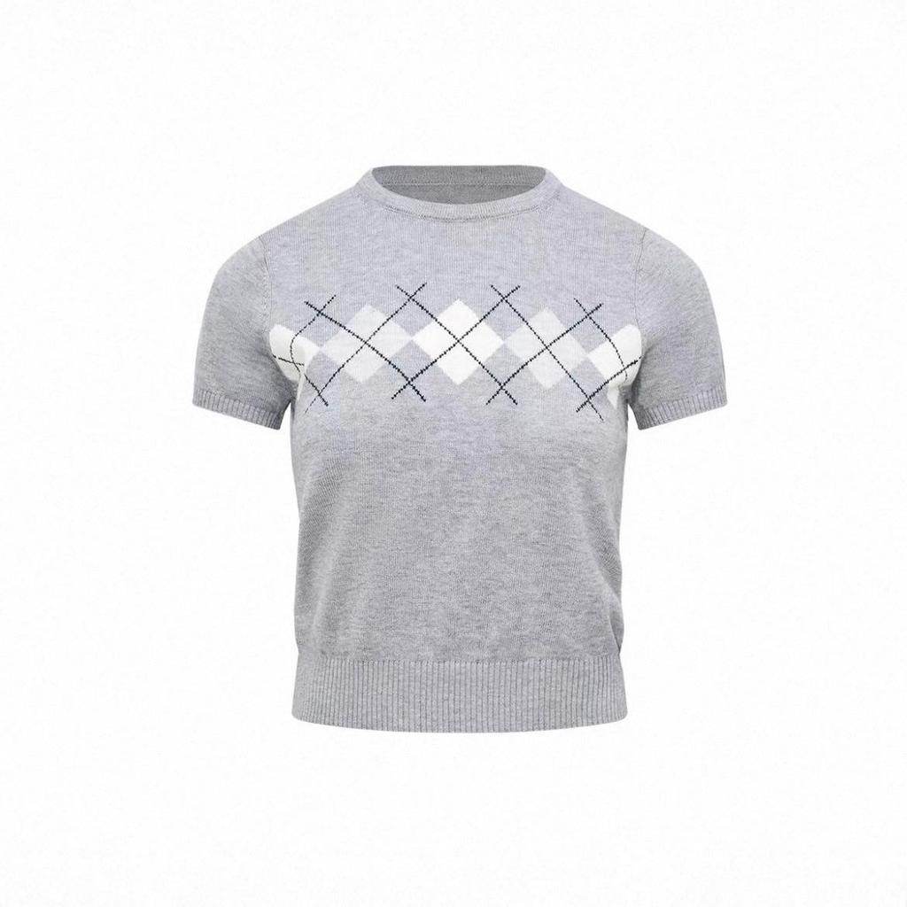 Diamond Pattern Color-Block Short-Sleeve Knit Sweater