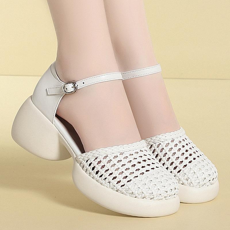 6cm Runde Spitze Ausschnitt Schuhe Echtes Leder Sandalen Sommer 2025 Damen Mittelhohe Blockabsätze Sandalen für Büro Mutter Arbeit Alltag