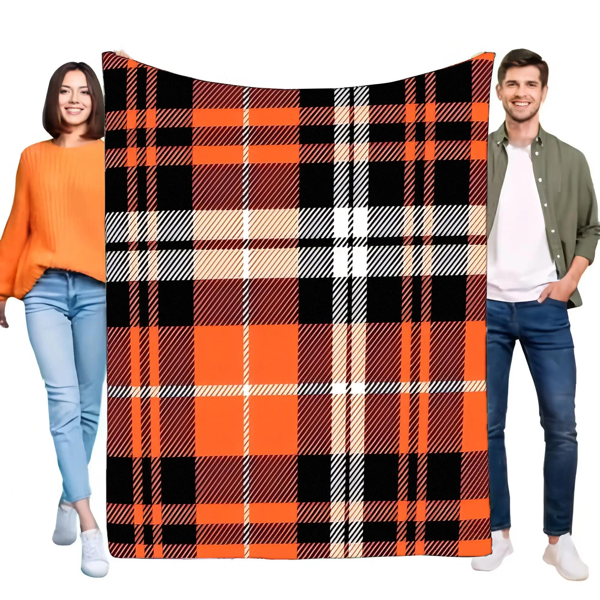 Ultra-Soft Flannel Orange Black Plaid Throw Blanket Sofa Bed Living Room Decor, Cozy Warm Lightweight Fall Halloween Christmas G 75x90cm