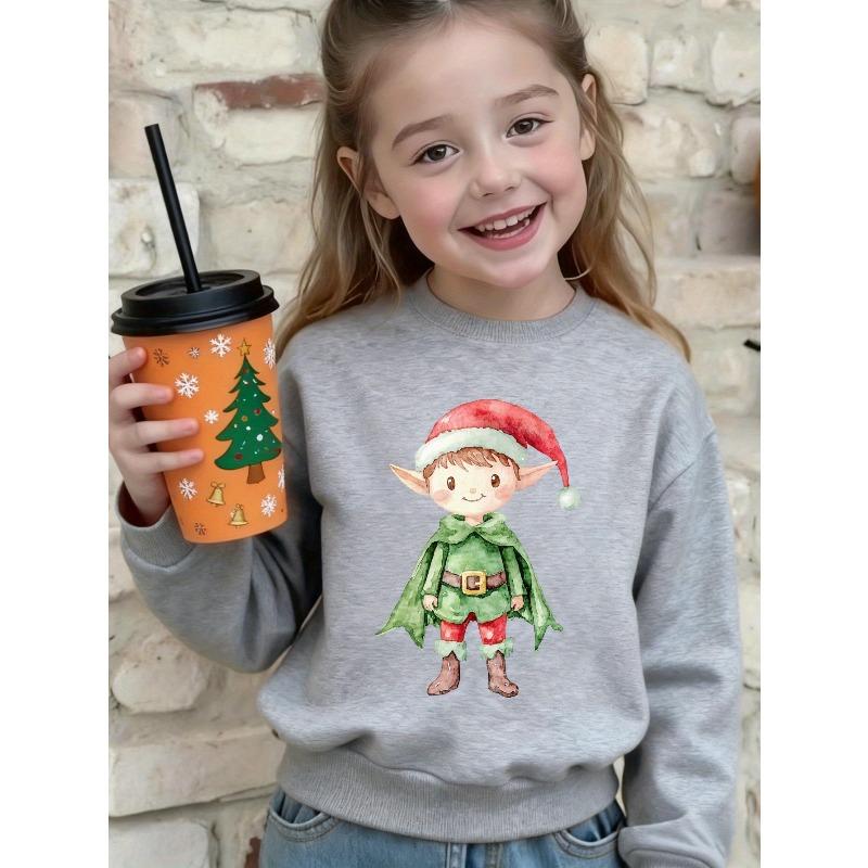 European sizes Kids' Black Elf Print Christmas Sweater with Red & White Elf Design - Cozy Long Sleeve Round Neck Pullover