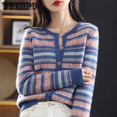 Women's Knitted Cardigan Sweater Autumn and Winter Stripes Lazy Style Women's Sweater