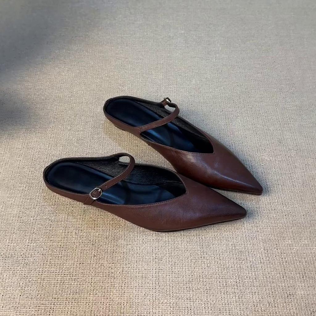 Sheepskin Version~ New Pointed Thick-soled Bag Head Half Slippers French Retro One-word Buckle Strap Fashionable Light Mouth Mueller Shoes