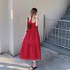 Spring 2025 French Floral Red A-line Spaghetti Strap Dress for Women