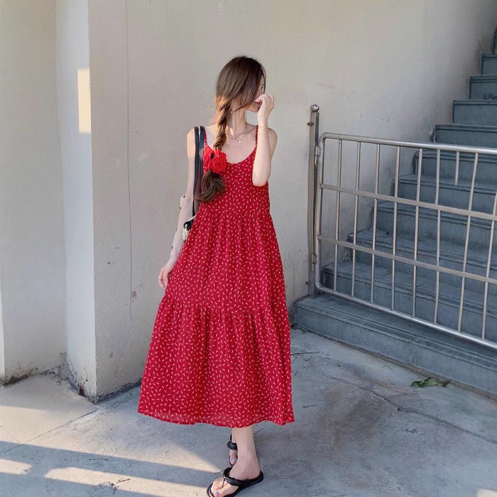 Spring 2025 French Floral Red A-line Spaghetti Strap Dress for Women