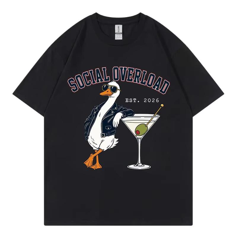 Social Overload Funny Goose Meme T-shirts High Street Fashion Trend Short Sleeve T Shirt Men Women Casual Cotton Summer T-shirt