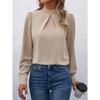 Women Khaki Mock Neck Pleated Puff Long Sleeve Blouse