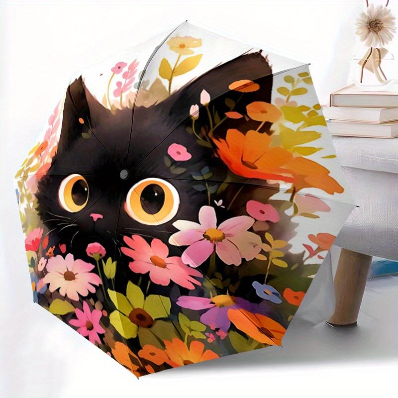 1pc Flower Black Cat Pattern Beautiful Looking Automatic Folding Umbrella, 3 Folding, 8 Pole Frame Design, Durable and Suitable for Travel and Daily U