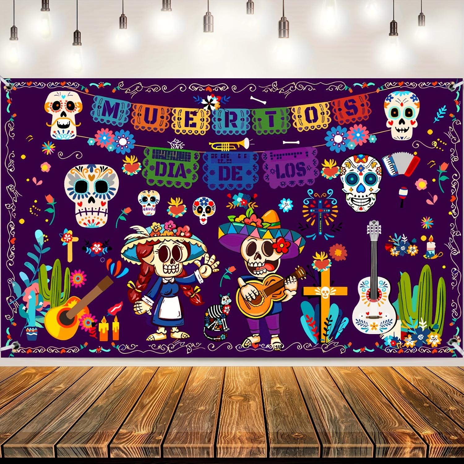 A large Mexican Day of the Dead background cloth - a polyester Day of the Dead party flag - themed Halloween decoration 100x150cm