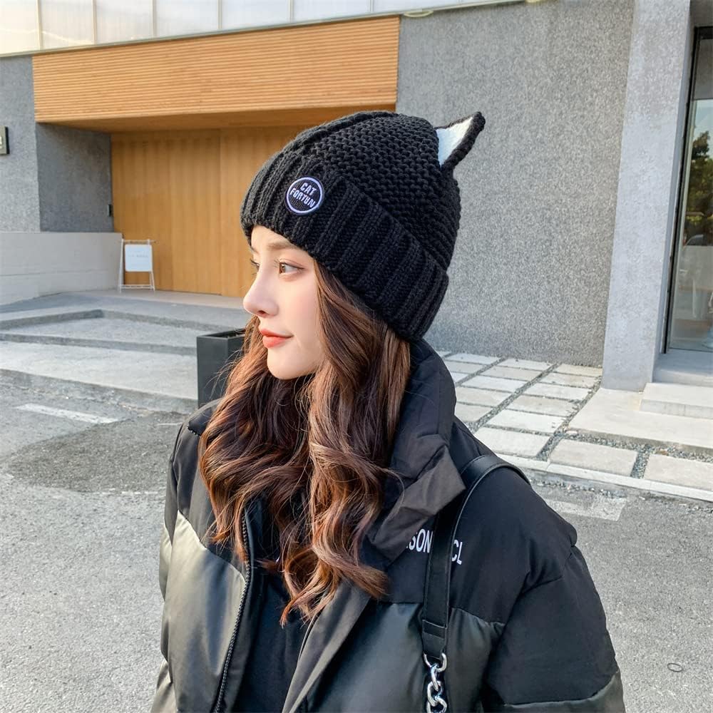 [KAB-MARRON] Damen Strickmütze, Katzenohren, Mütze im koreanischen Stil, Baumwolle, Zopfmuster, Herbst/Winter (Schwarz)