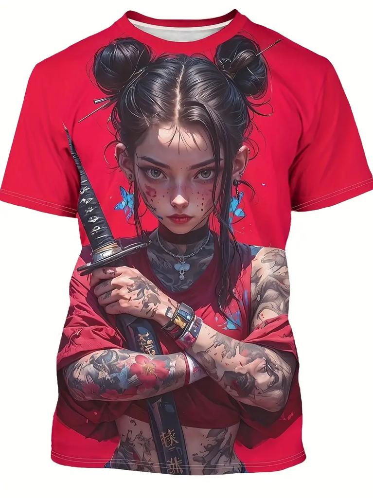 2025 Men's T-Shirt Anime Samurai Girl 3D Print t shirt Fashion Men Women Street Trend Top Japanese Korean Style Short Sleeve Tee