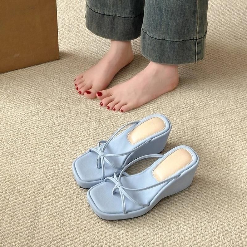 

Fashion Fashion Wedge Slippers Summer New Square Toe Open Toe Thin Strap Clip Toe Platform Non-slip Wear-resistant High Heels 35 синий