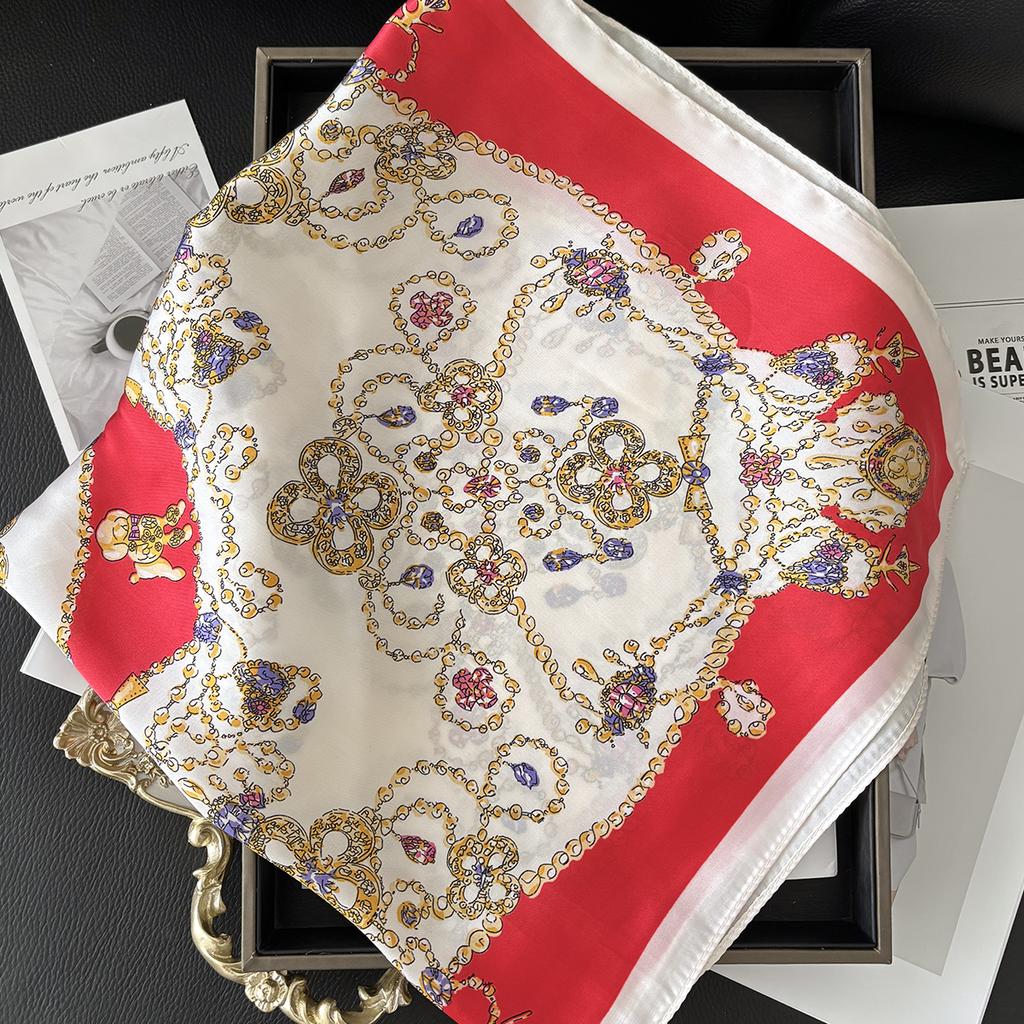 Luxury Women's Square Soft Satin Polyester Scarf Flower Printed Shawls Hijab Four Seasons Bandanna