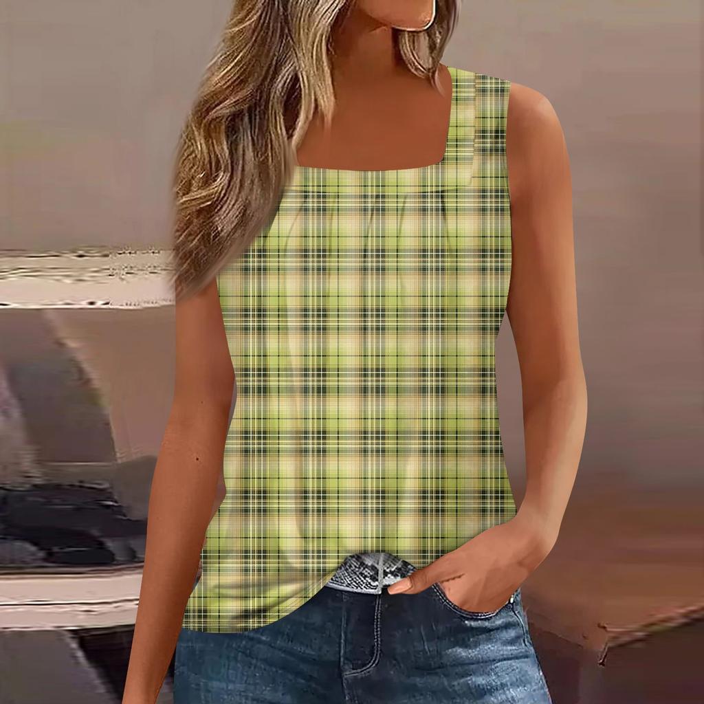 Women's Summer Casual Pleated Square Neck Sleeveless Tank Top Printed T-Shirt