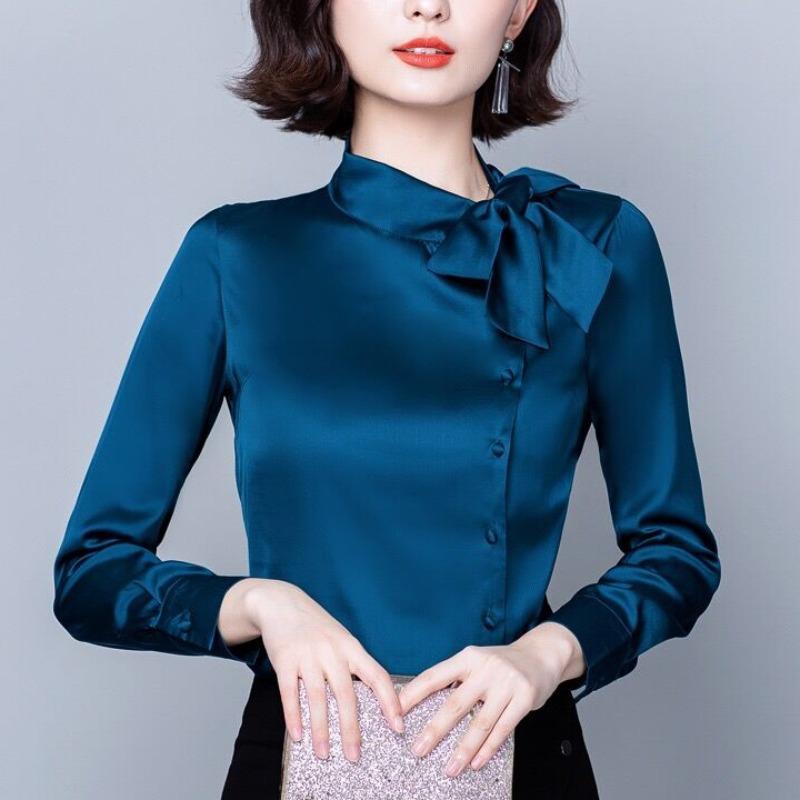 

Рубашка с длинными рукавами и галстуком-бабочкой для женской зимней одежды. Новая атласная рубашка, прикрывающая живот, чтобы он выглядел стройнее. Модная маленькая рубашка. 3XL синий