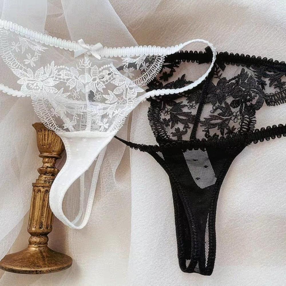 Embroidery Lace Flower Briefs Women Low Waist Romantic T Panties Sheer Mesh Lace Thong  Home